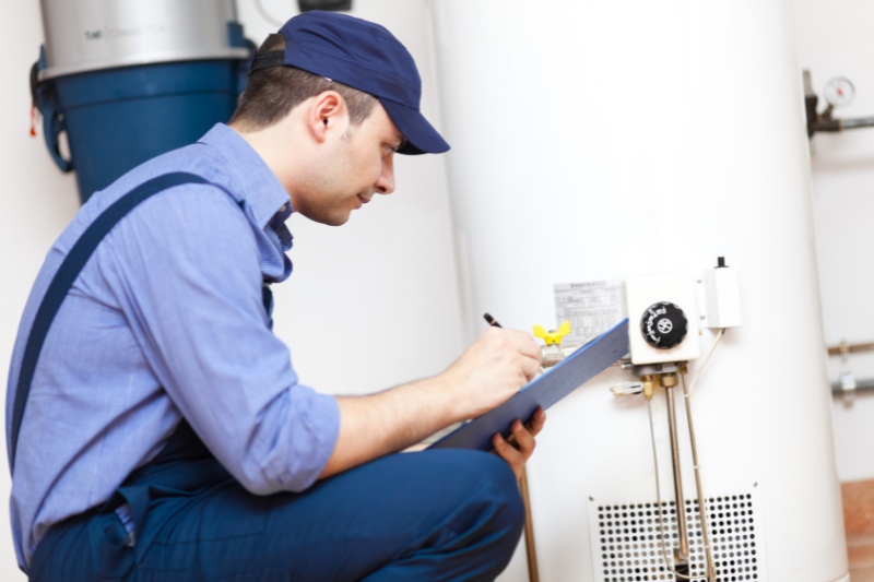 Repairman checking water heater in home.