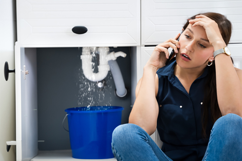 Woman distressed by plumbing disaster